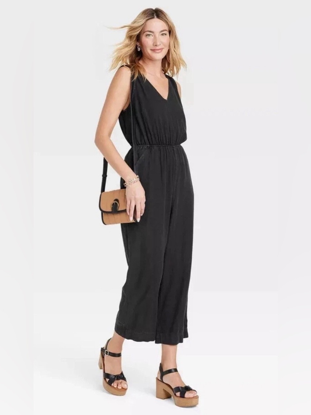 Universal Thread Black V-Neck Wide-Leg Sleeveless Jumpsuit Large/EUC/PTP 16-21